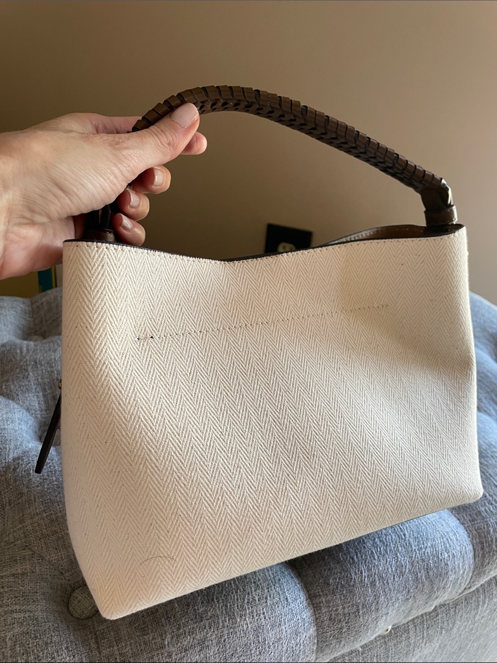 Zara Cream and Brown Woven-Handle Bag - Picture 6 of 9